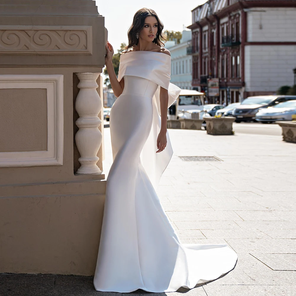 

New Arrival Satin Mermaid Wedding Dress Sexy Sweetheart Sleeveless Back Big Bow Sweep Train Simple Bridal Gown Robe Mariee