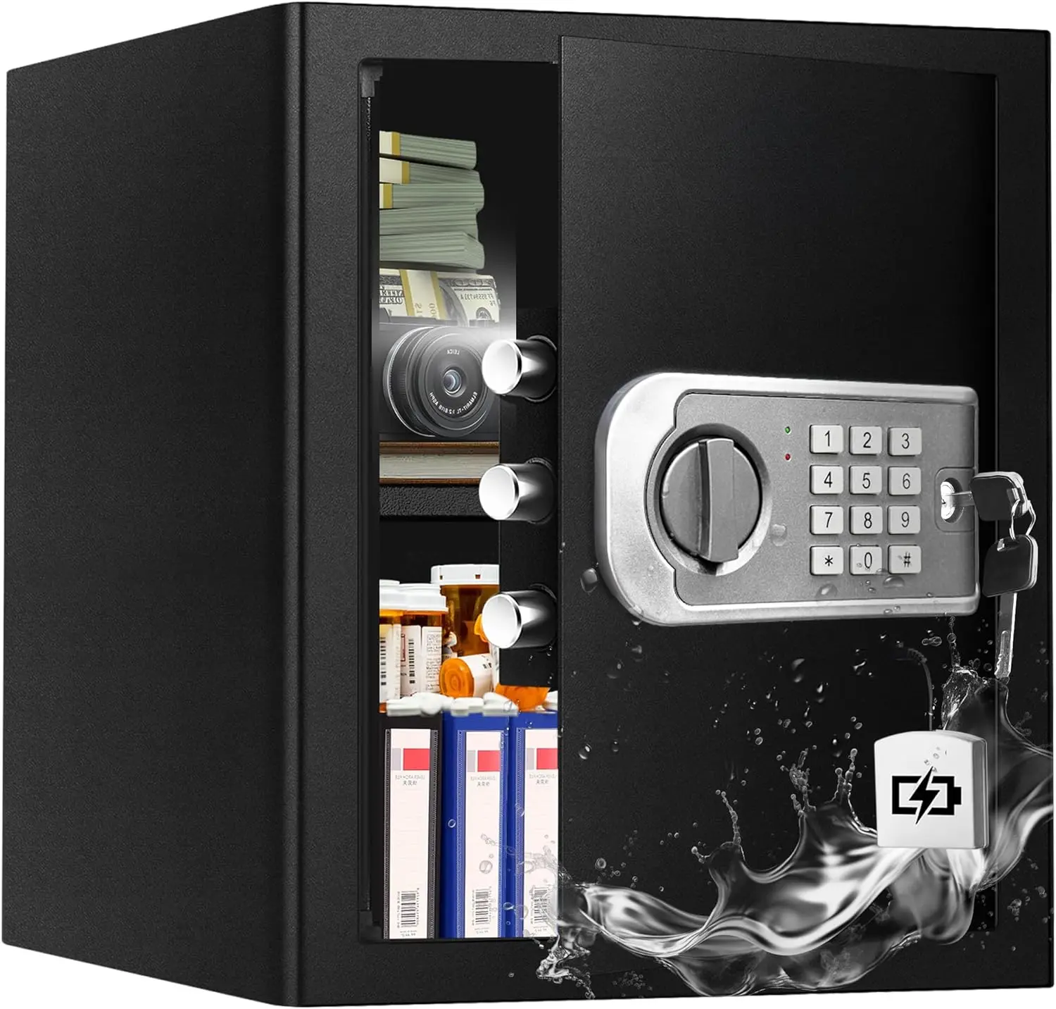 Large Safe Box for Home - 3.0 CuFt Heavy-Duty Cabinet with Motion Light & Dual Alarm, Digital Keypad & Override Key, Removable S