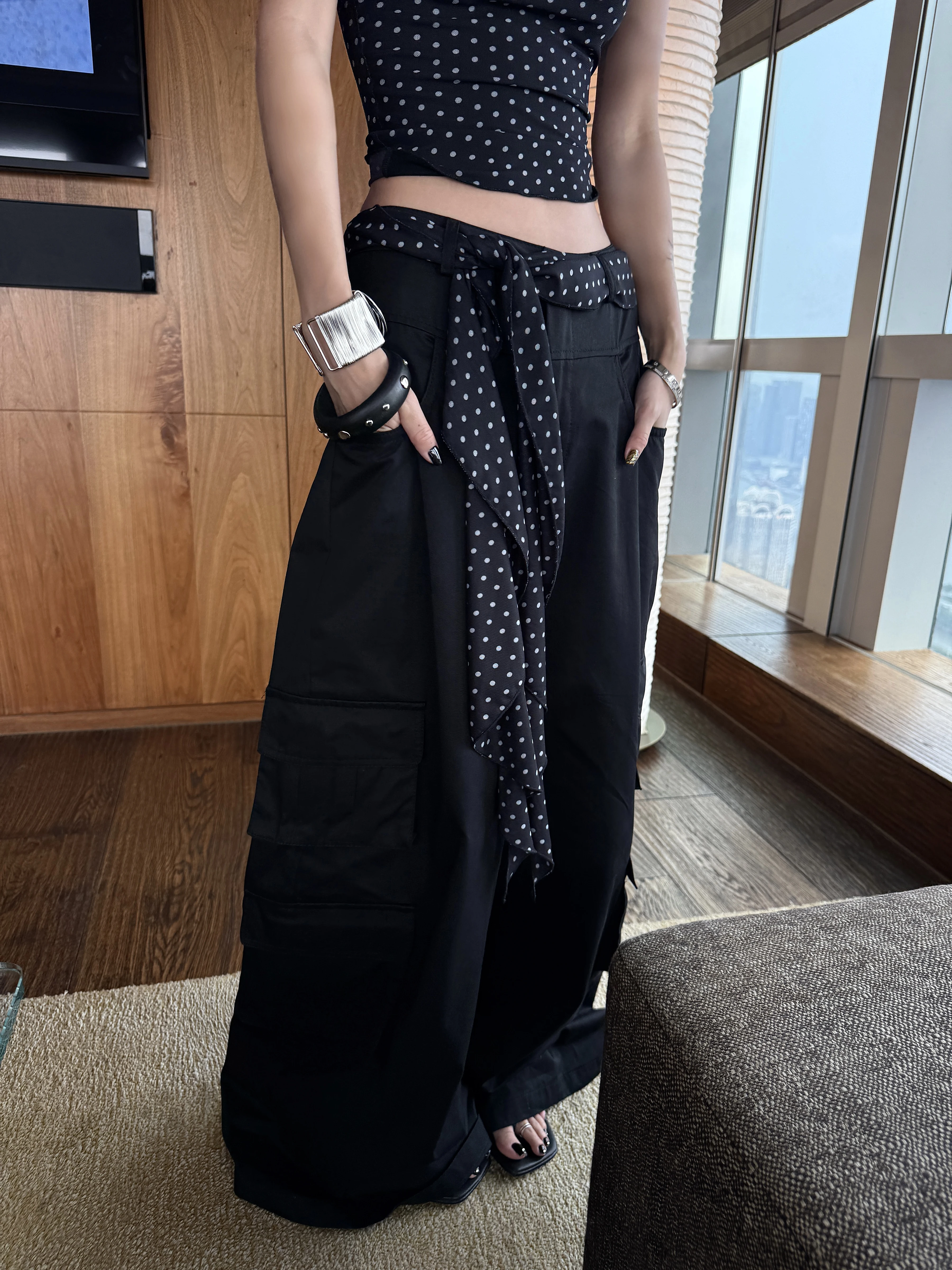 Low-Waist Wide-Leg Workwear Trousers for Women in Black Casual Style with Pockets STYLMW Jingzi New Fashion Commuter Pants