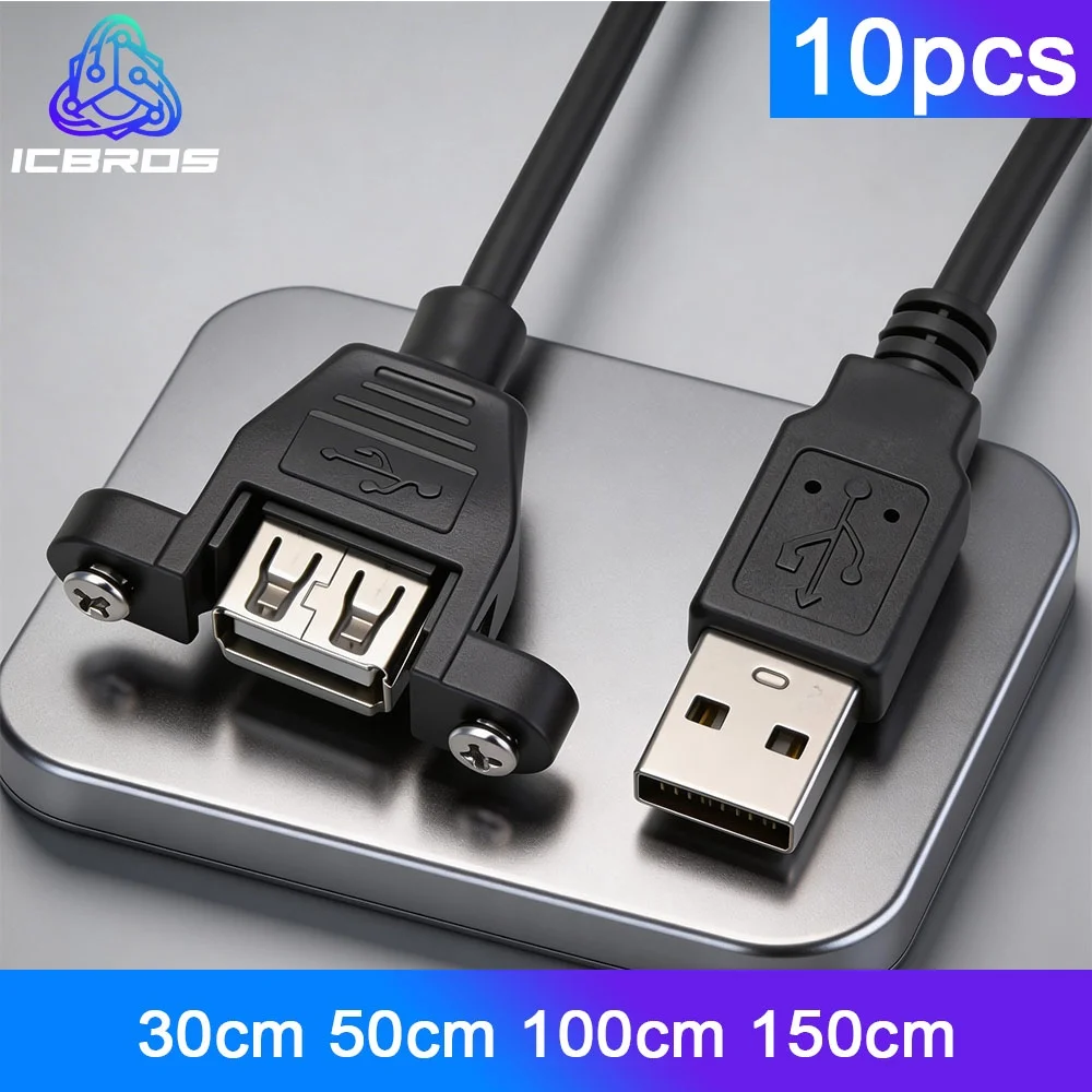 10pcs Extension With Ear Screw Hole USB 2.0 A Male to Female Socket panel Mount with Screws Cable cord 30cm 50cm 100cm 150cm