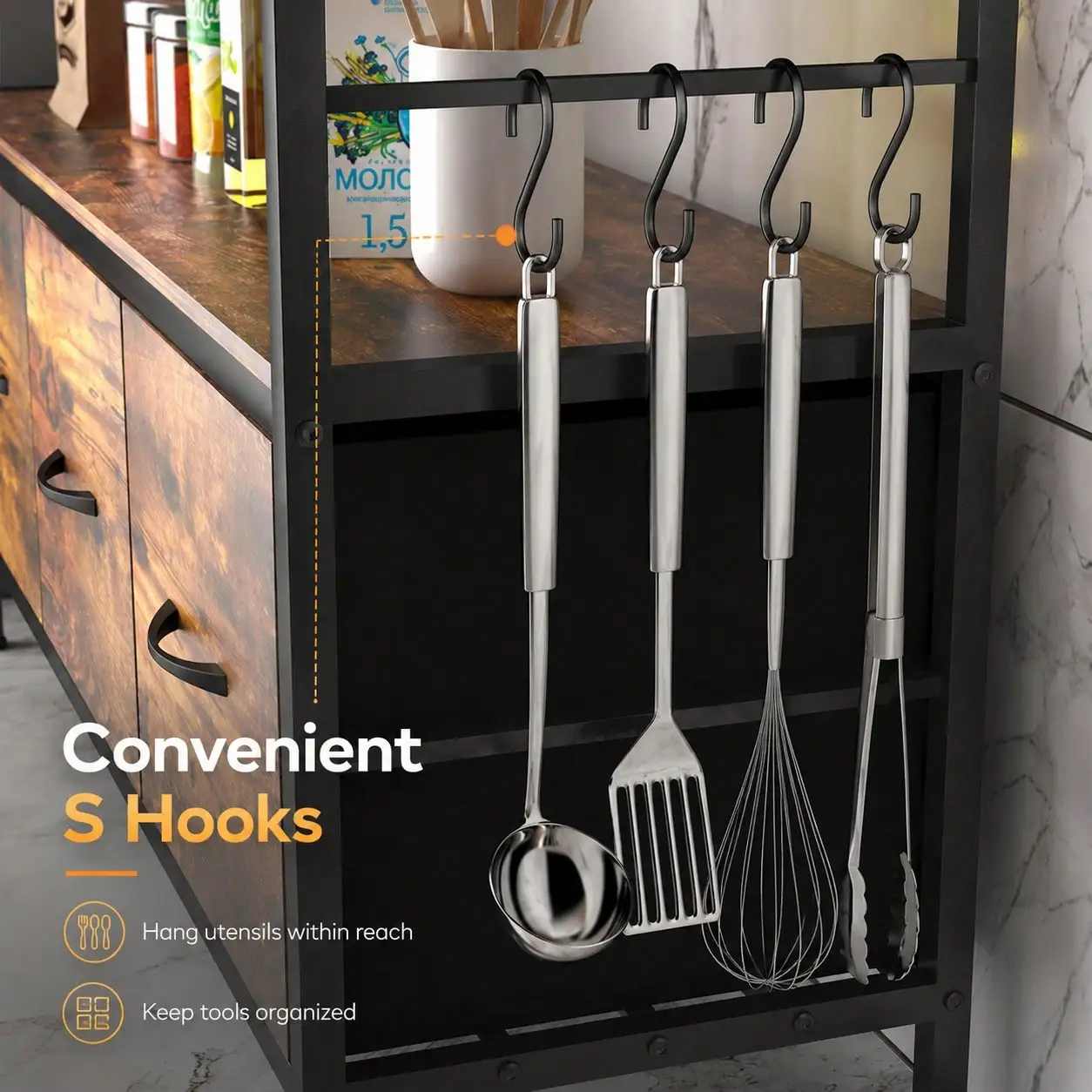Kitchen Bakers Rack With 3 Baskets,5-Tier Free Standing Kitchen Storage Shelf Rack,Industrial Microwave Oven Stand,Metal Kitchen Organizer Rack With Hooks,Coffee Bar Station,Kitchen Furniture,Brown/Black view 6