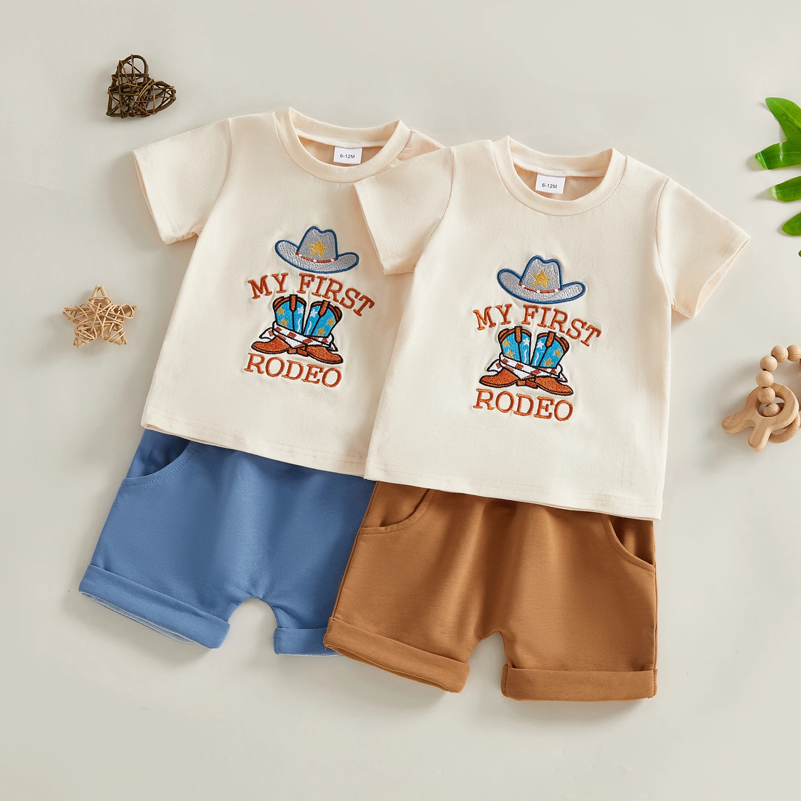 Baby Boy Western Outfit Boots Cowgirl Hat Letter Embroidered Short Sleeve Tops and Solid Shorts 2 Piece Set