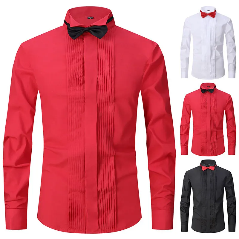 American new men\'s tuxedo long sleeve shirt spring and summer dress French bow tie solid color no-iron groomsmen high quality