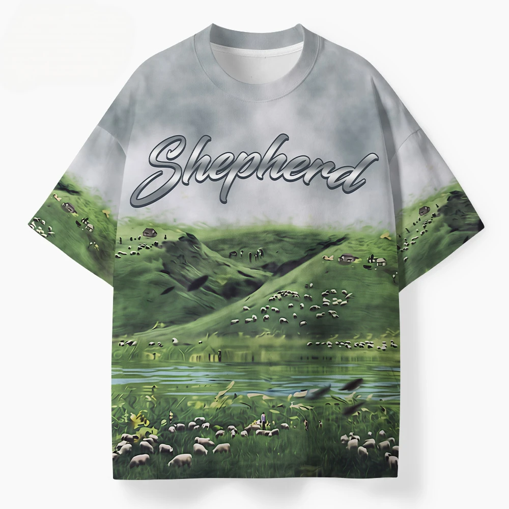 2026 Men Faith Lifestyle Oversized Tee,Inspirational Pasture Hill Sheep Lake Scenery Print T‑Shirt,Streetwear For Men Daily Wear