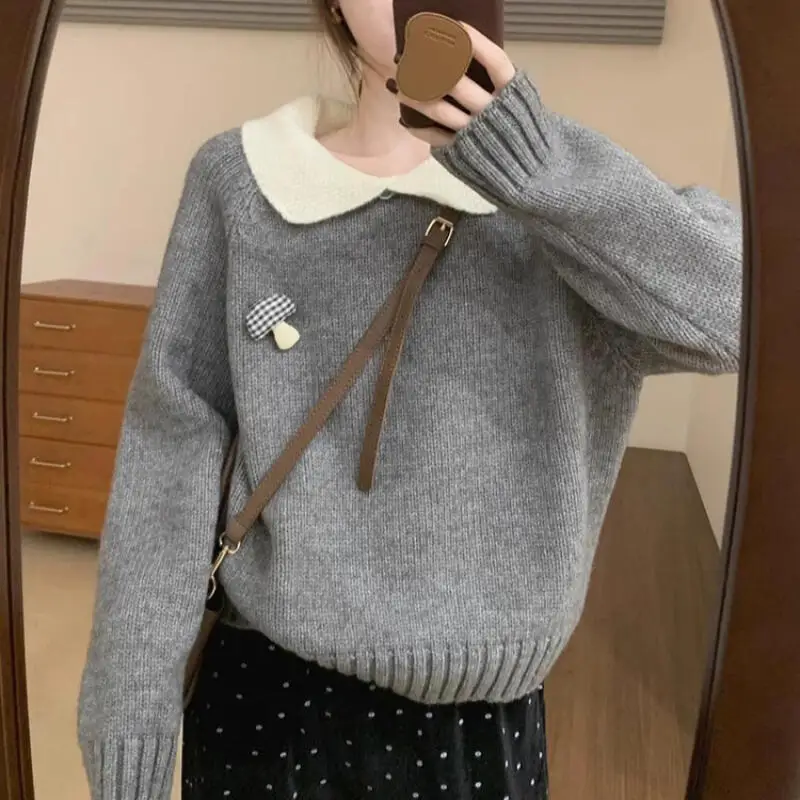 

Осенне-зимний свитер для девочек, осенне-зимний пуловер с воротником Питера Пэна в консервативном стиле, сохраняющие тепло топы, модный ложный трикотаж из двух предметов