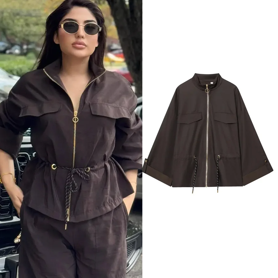 

Women's Autumn/Winter Bomber Loose Jacket Zippered Polo Hunting Coat Fashionable Casual Drawstring Waist Outwear