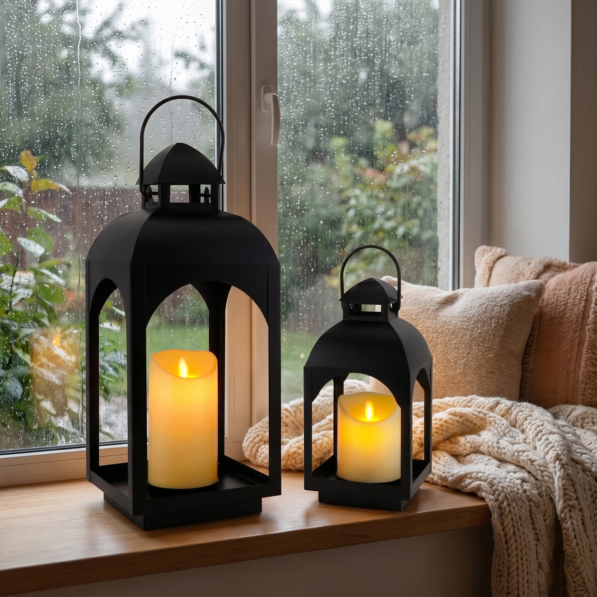 Black Metal Candle Lanterns Set of 2 with Moving Wick LED Candles, Battery Operated Decorative Lanterns with 6 Hour Timer
