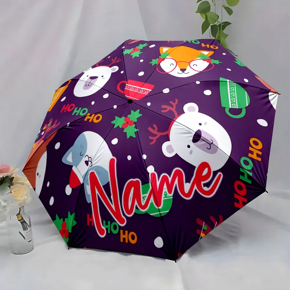 Custom Name Cute cartoon umbrellas with festive designs for Christmas 8 Iron Ribs Folding Umbrella Auto-Open Fashion Sunshade