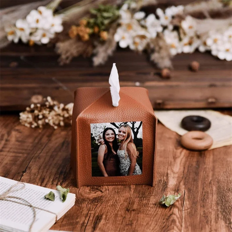 Leather Tissue Box Personalized Photos Bridesmaid Gifts Bridal Party Decor Exclusive Memory Anniversary Gift Minimalist Print