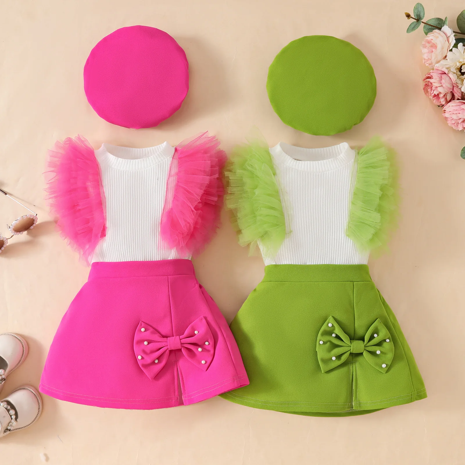 

New Set Fashion Summer Versatile Girl Clothes Simple Exquisite Half Body Skirt Sleeveless Mesh Girl Clothes Complimentary Beret
