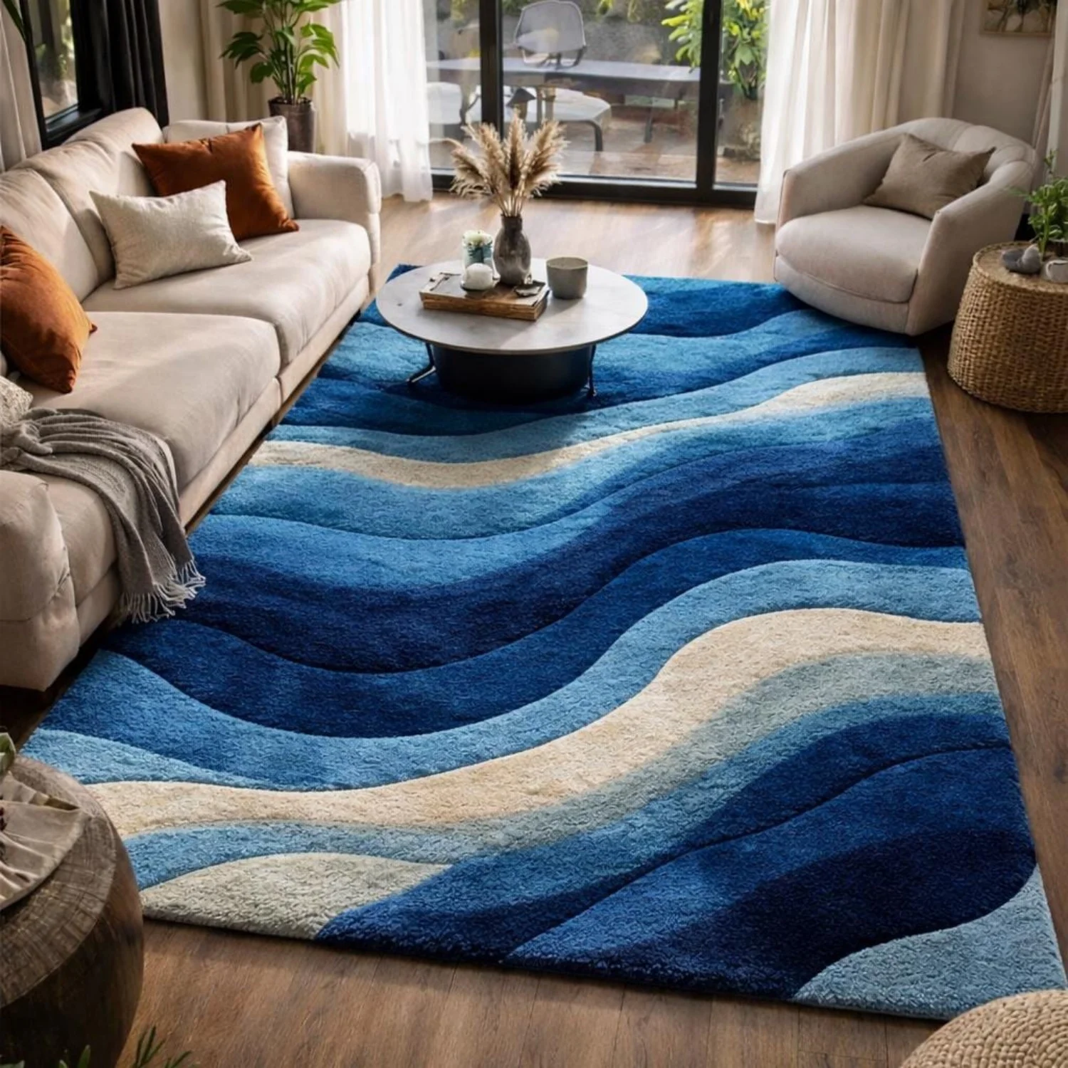 Room Decor Rug Multi Blue Cream Gradient Wavy Stripes Shaggy Area Rug, Warm Floor carpet, rugs for livingroom, rug for bedroom, Rectangle Floor Mat, Great for Family Room, Ocean Inspired Casual Indoor
