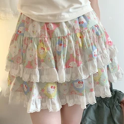 Korean Fashion Sweet Lolita Style Mini Skirt Women Cute Cat Print Layered Lace Cake Skirts Girly Japanese Kawaii Y2k Short Skirt