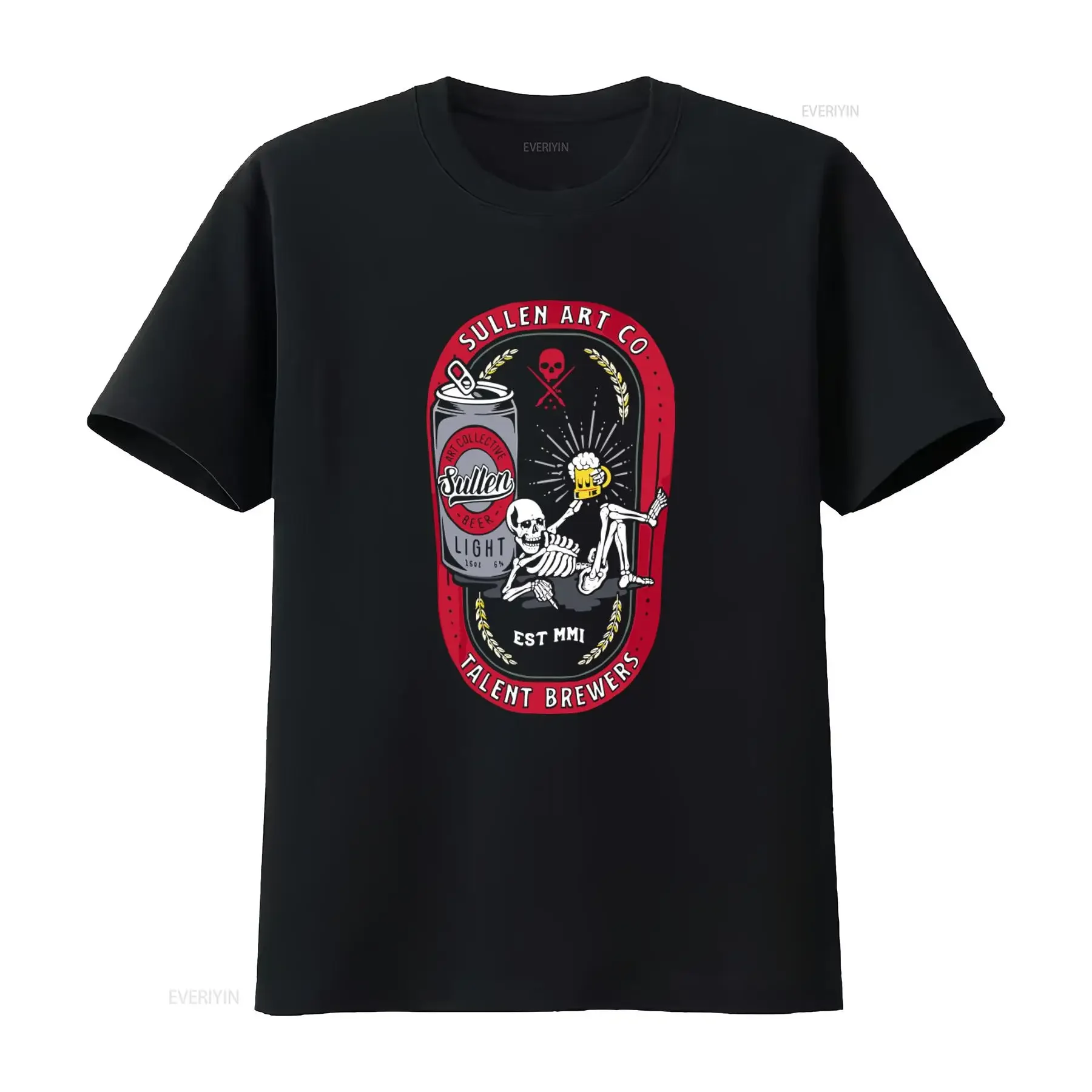 Sullen Men's T Shirt TALENT BREWERS Jet Black Tattoo Skull Beer Design Premium Quality vintage Washed Unisex Soft Breathable