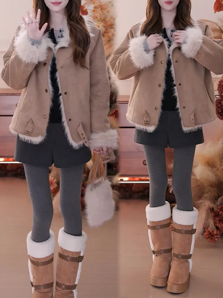 

Warm Faux Fur Jaet Korean Sle Women's ort Coat Inteated Leather And Fur Lightweight Thiened Autumn Winter New Arrival