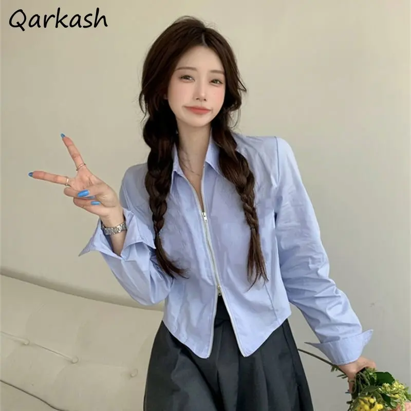 Blue Shirts Women Zip-up Casual Crop Tops Harajuku Temper Spring Korean Style All-match Fashion Simple Chic Streetwear Clothing