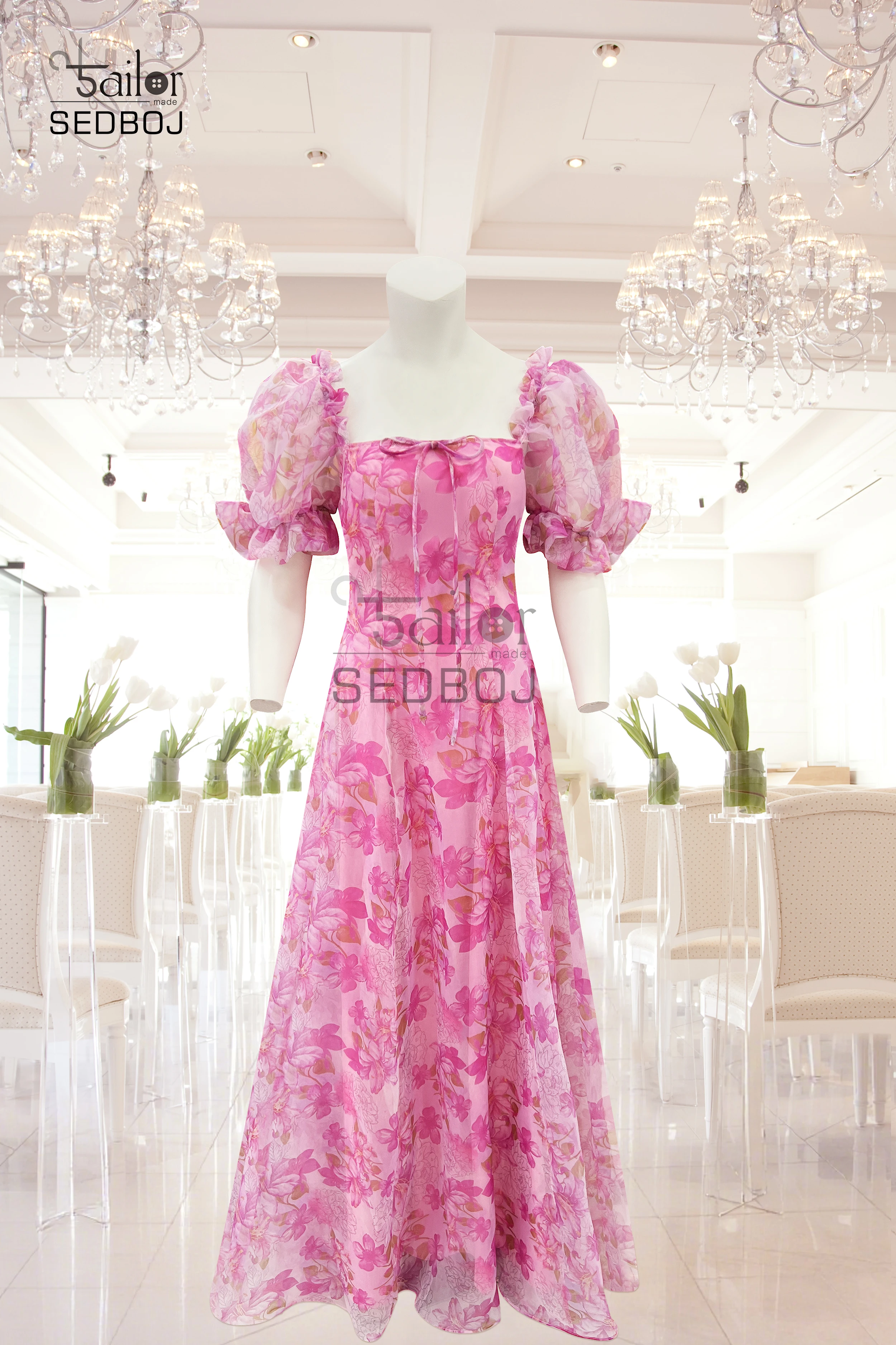 

Tailoring shop customizes palace style fairy style retro peach red rose printed bubble sleeve women's dress