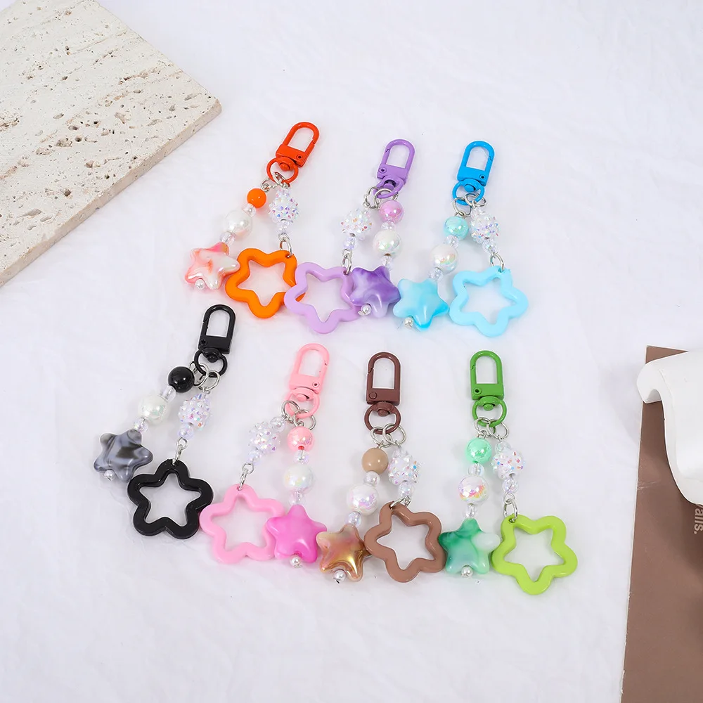 Lovely Acrylic Hollow Stars Keychain Candy Color Beaded Chain Keyring Girl Student Backpack Pendant Earphone Case Accessories