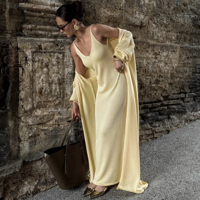 

Tsiisd Knitwear Fashion Women's Long Dress Outfits Cover up V-Neck Ribbed Slim 2 Piece-Set Party Looks Female Knit Dress Sets