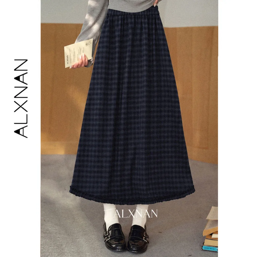 ALXNAN Navy Plaid Midi Skirt Women 2026 Fall High Waist Vintage Elegant Long Skirts Elastic Waist Female Clothing DYL663136