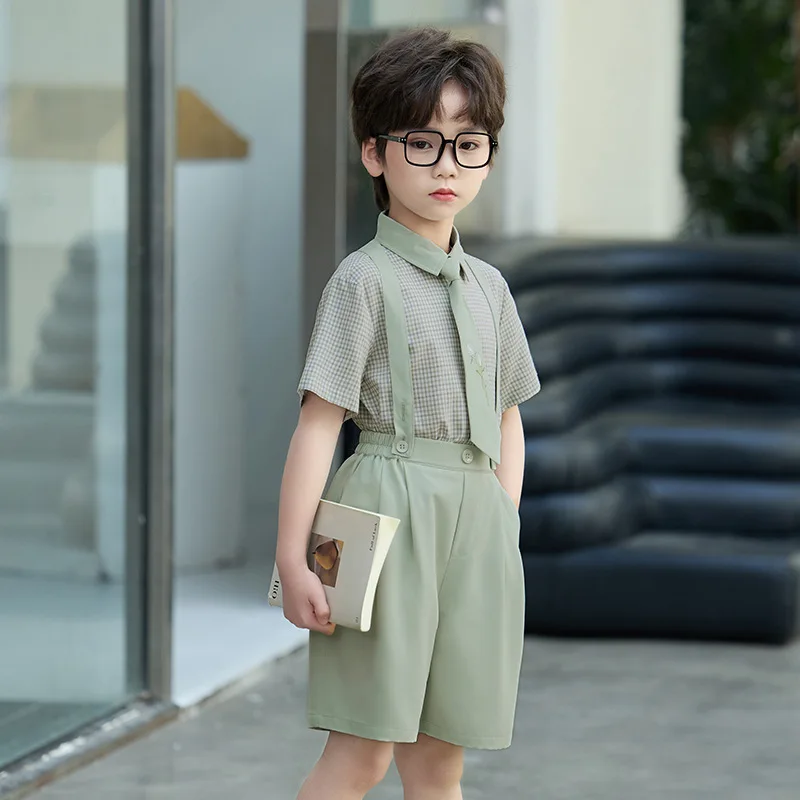 Summer Boys 4pcs Formal Casual Suit Set Plaid Shirt Suspender Shorts with Tie Kids Outfit for Wedding Ring Bearer Party Preppy