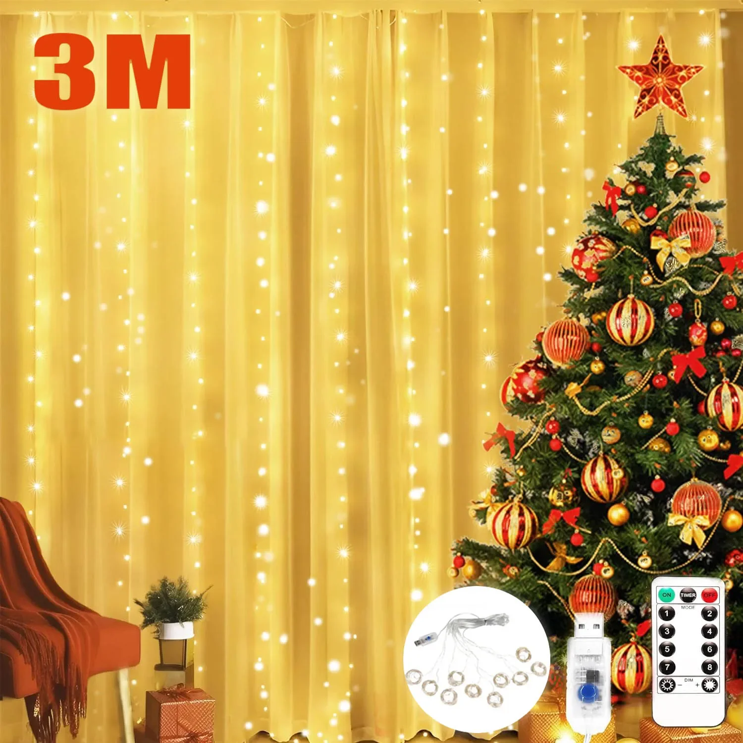 3 m LED-Vorhang-Girlande, Lichterkette, Weihnachten, Urlaub, Party, Hochzeit, Dekoration, USB-Fernbedienung, 8 Modi, Wasserfall-Beleuchtung