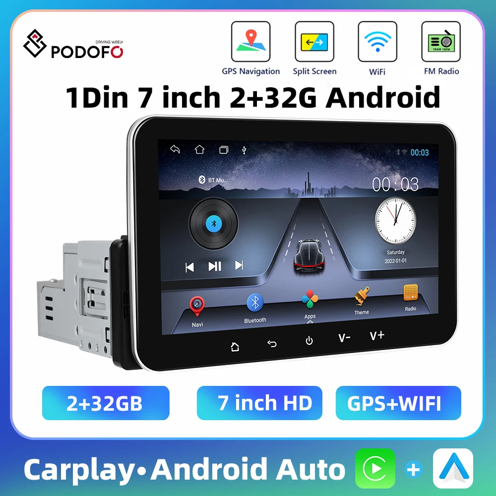 Podofo 7'' 2+32G Car Radio 1Din Multimedia Player Carplay Android Auto GPS Navigation WIFI Bluetooth EQ Touch Screen Car Stereo