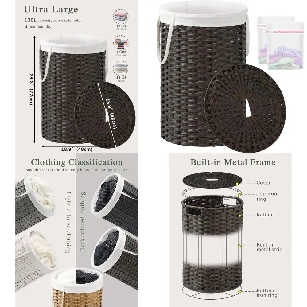 

Round Wicker Laundry Hamper with Handles, 34.3 Gal (130 L) Capacity, 2 Mesh Bags, Suitable for Living Room and Bedroom, Brown
