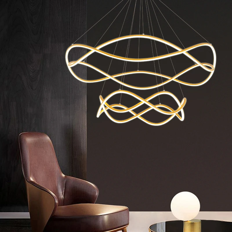 Minimalist Living Room Led Chandelier Nordic Irregular Wave Line Hanging Lamp for Hall Bedroom Dining Room Decoration