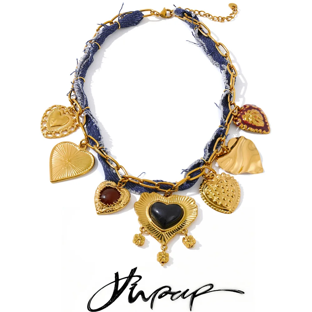 

Yhpup Blue Denim Chain Heart Flower Drop Charm Statement Necklace for Women Stainless Steel Retro Fashion Autumn&Winter Jewelry