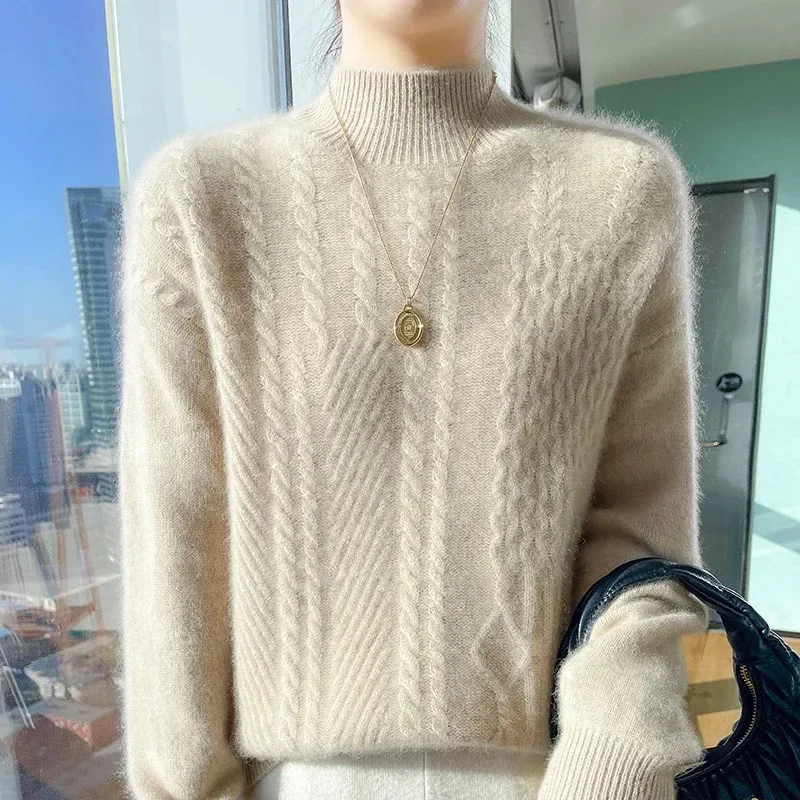 PTKPCC New Women's Pullover Sweater Wool Knitted Half High Neck Women's Sweater Comfortable and Versatile Full Sleeved Y101701