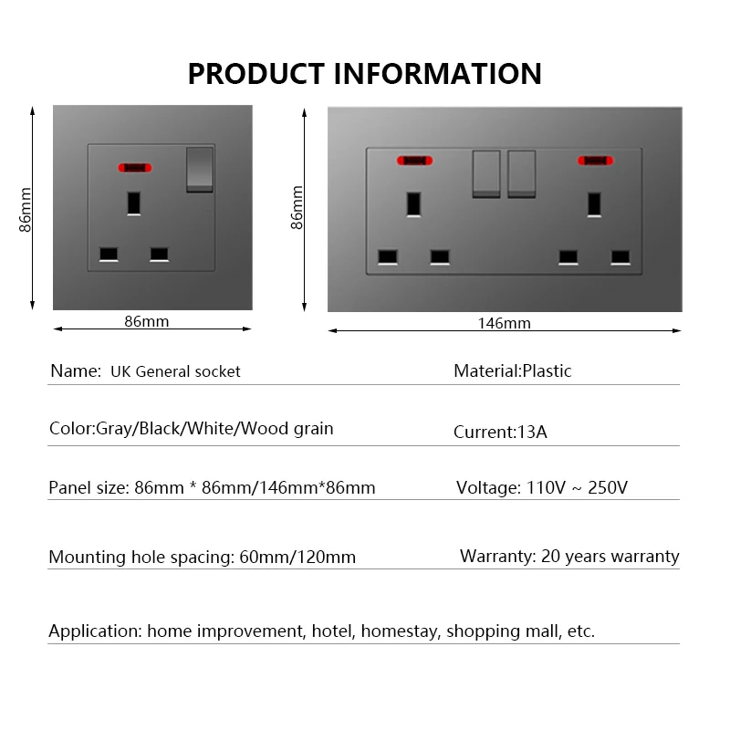 UK 13A Wall Socket with USB Type C 18W Quick Charge Plug Socket,Britain Standard DC 5V 3.1A Type-c Wall Electrical power outlet