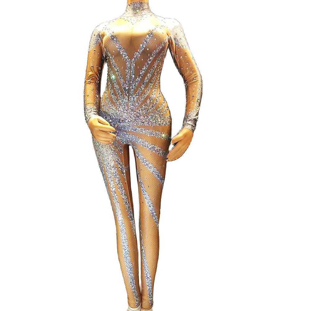 

Shining Diamonds Women Turtleneck Jumpsuits Sparkly Silver Tight Elastic Leotard Pole Dancing Costumes Singer Show Stage Wear