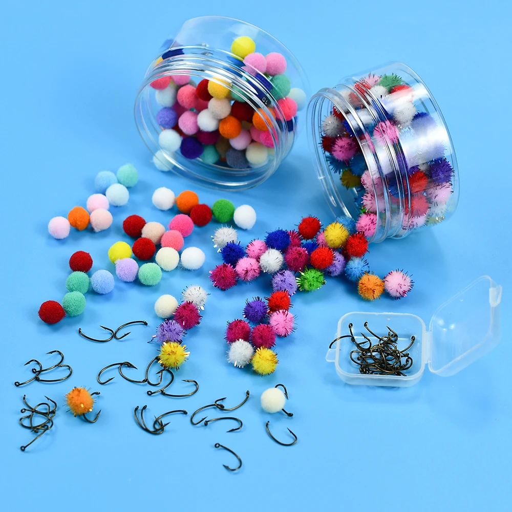 100 Stück biomimetische Fliegenfischer-Eier und 50 Stück Buckel-Haken-Kombi-Set, Angelköder-Produktionszubehör für Angler