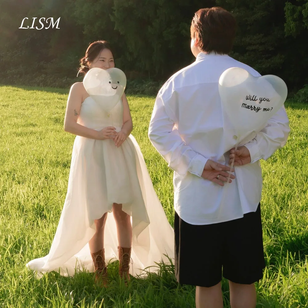 LISM Strapless A-Line Korea Wedding Dresses Sweet Photo Shoot Silk Organza Hi-Lo Elegant Bridal Gowns Customized 웨딩드레스