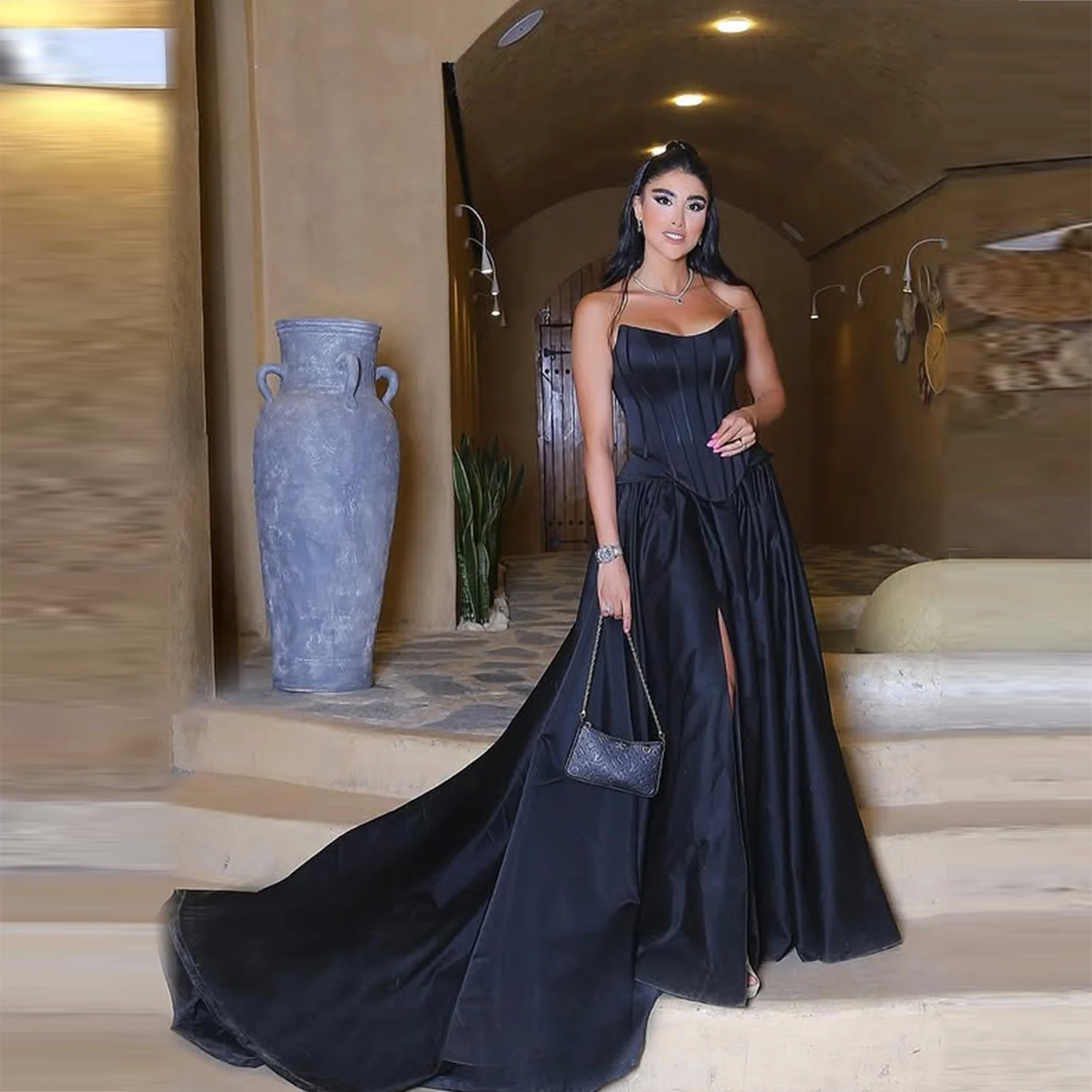 

Dark Navy Satin Evening Gowns Strapless High Split Sweep Train Prom Dress Women Formal Occasion Party Dress