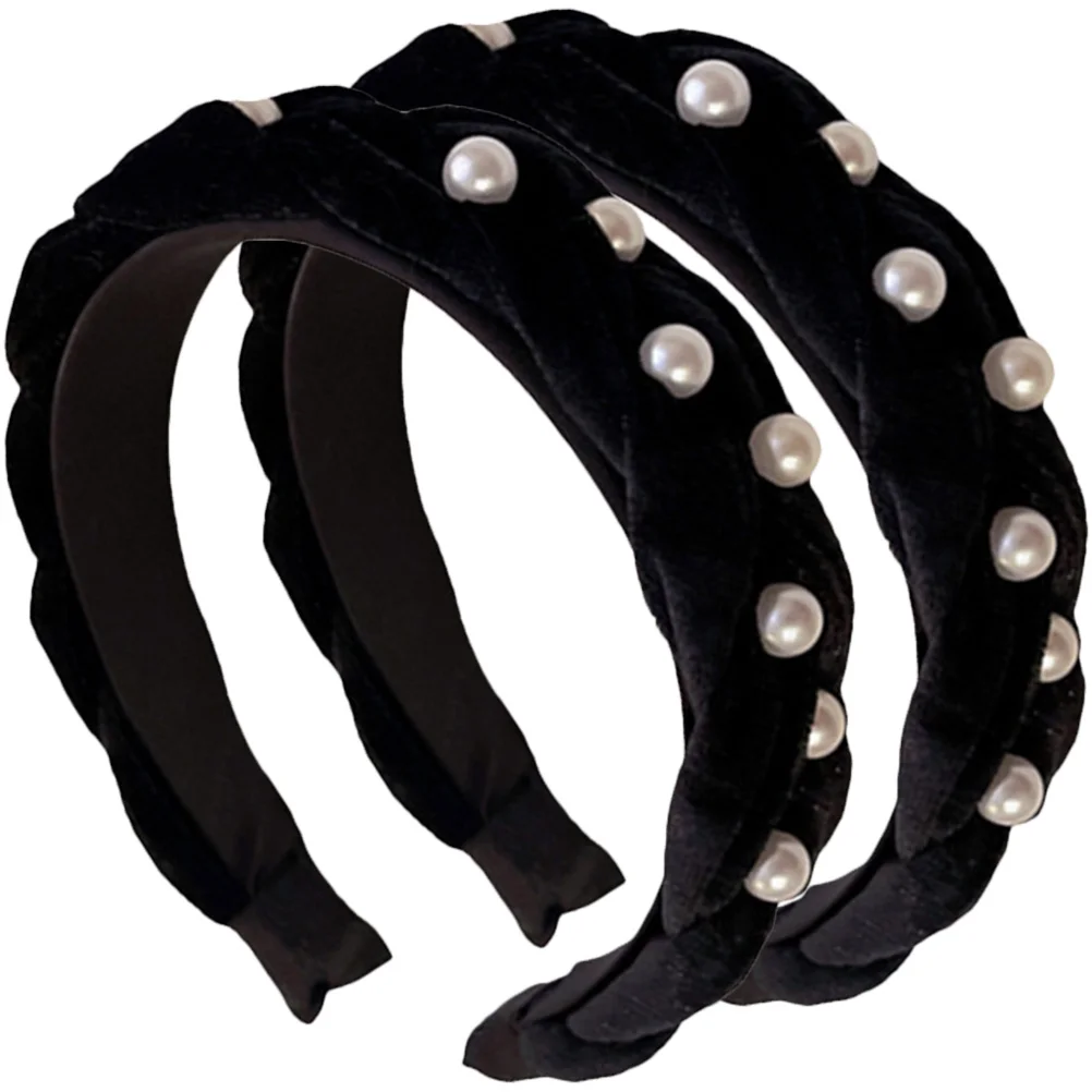 

2Pcs Pearl Headb s for Black Padded Headb Women Girls Padded Wide Beaded Black Fashion Statement Hair Accessories