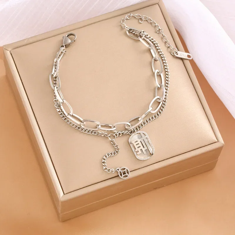 2025年最新 チタン鋼 フレンチレトロ レッティ ダイヤモンドがちりばめられたダブルブレスレット