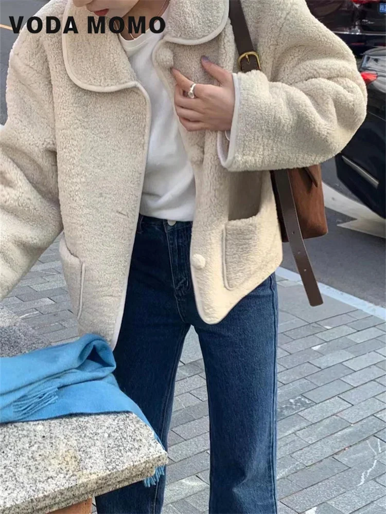 Women's Winter Sweet Korean stytle Warm Harajuku Plush Coat Lamb Fur Jacket Doll Collar Single Breasted Short Outerwears 2024
