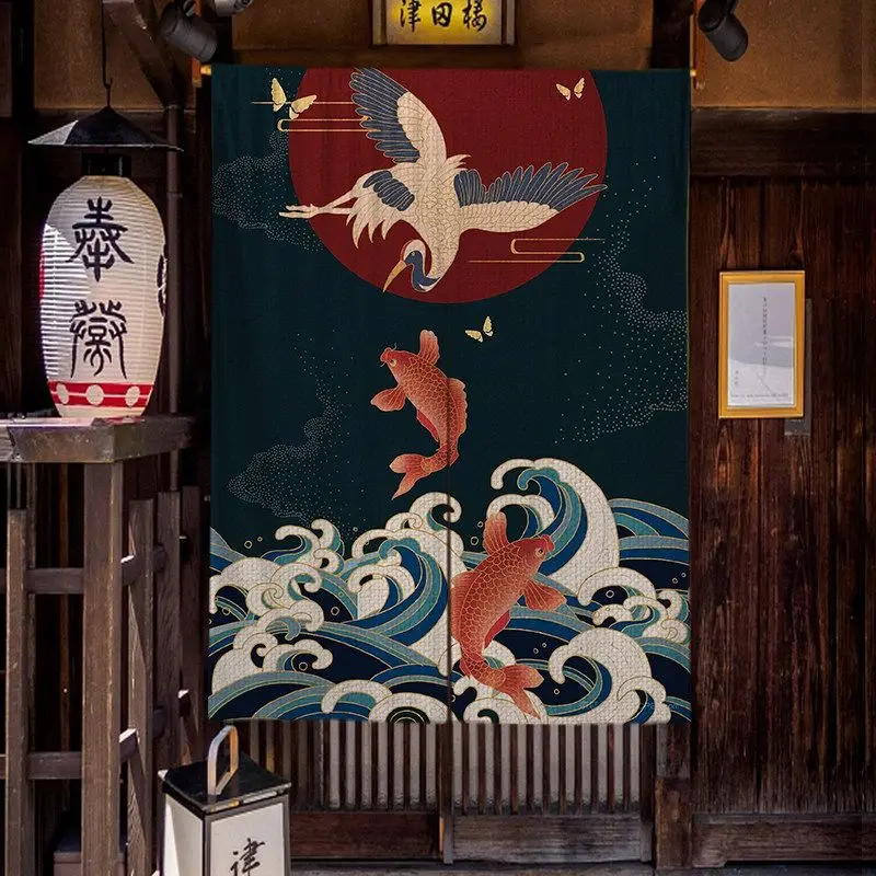 VIKAMA Japanese Chinese Red Crane Pine Noren Doorway Curtain Room Divider Tapestry for Restaurant Entryway Vintage Home Decor
