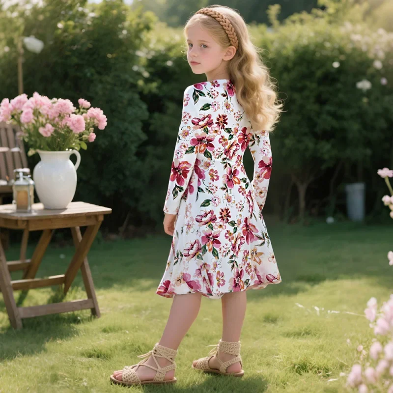 2025 Cross-border Hot Sale: Girls' Floral Print Long Lantern Sleeve Dress, Cute Casual Bohemian Children's Daily/Outdoor Wear