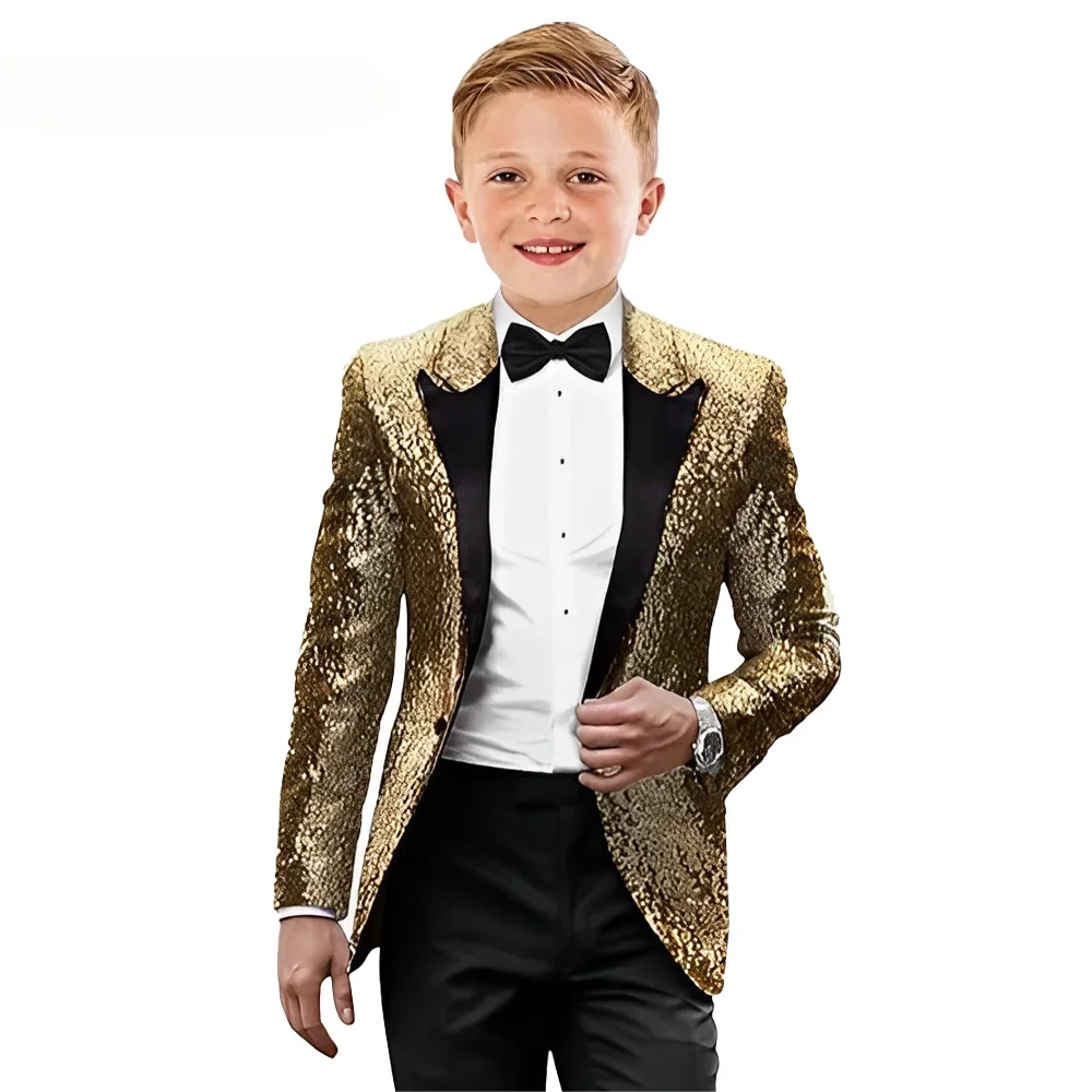 

Kids Tuxedo Suits for Boys Gold Sequin Slim Fit Dress Clothes Formal 2 Piece Prom Party Shiny Tuxedo Blazer Pants