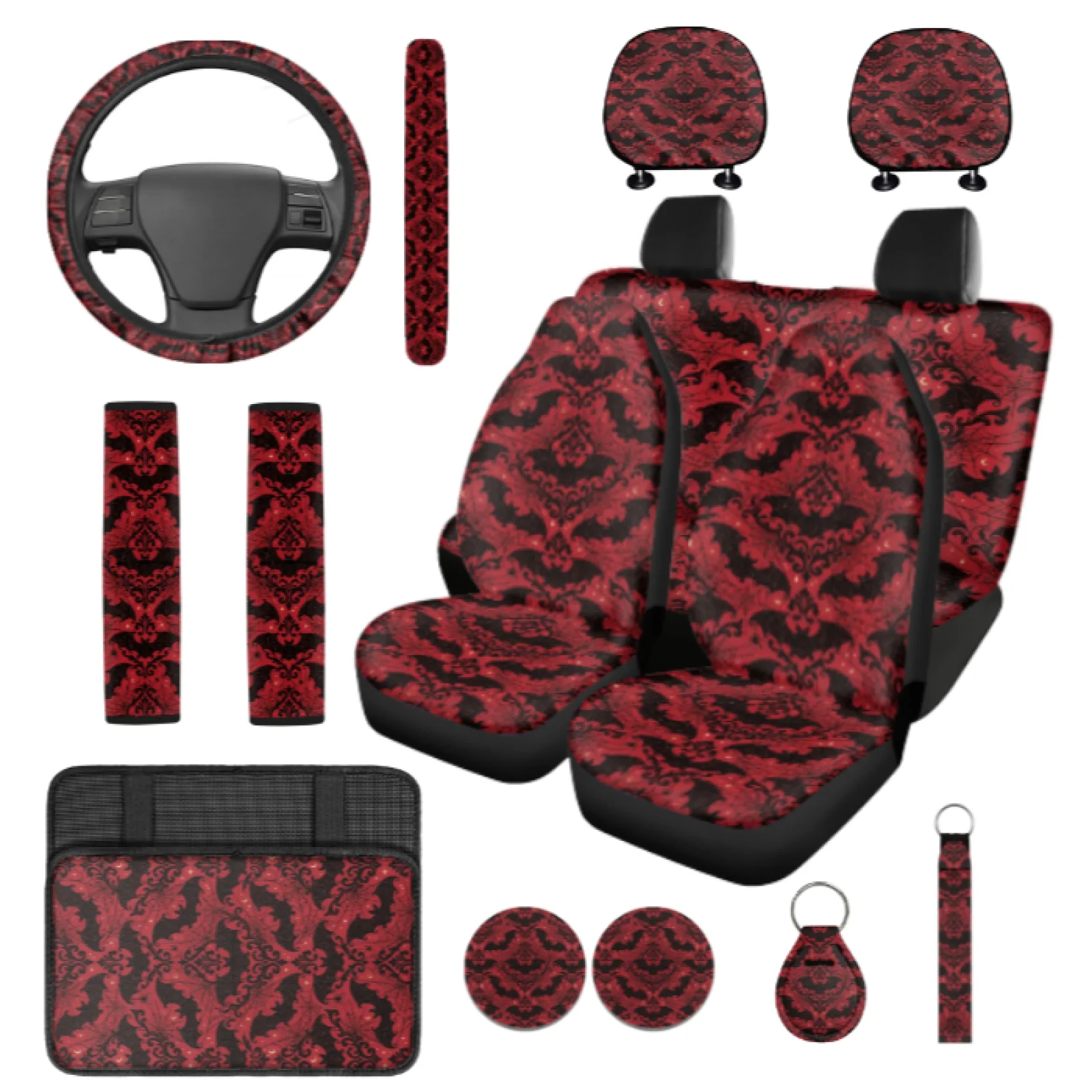 Coloranimal Gothic Bat Cobweb 14 Pcs Auto Seat Covers Set with Wear Resistant Steering Wheel Cover and Headrest Covers for SUV