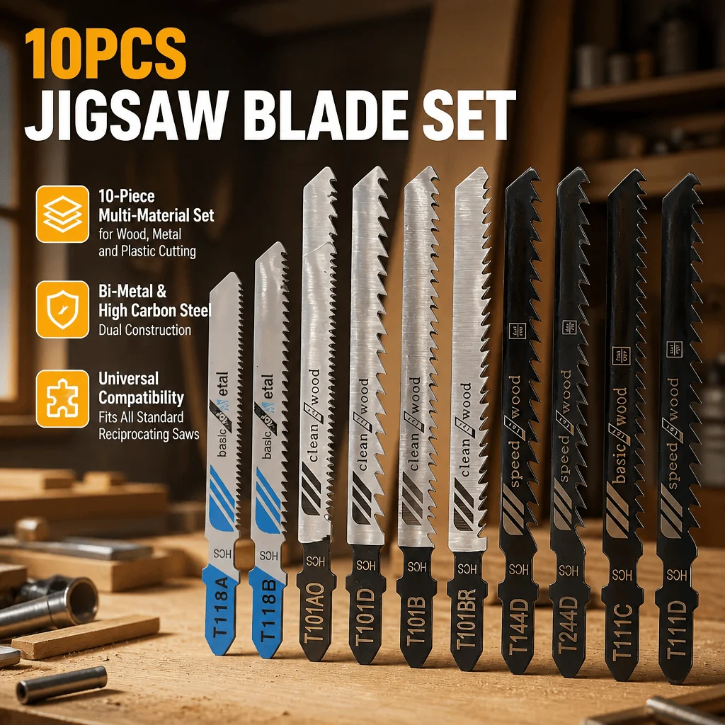 Stonego 10Pcs Jigsaw Blades Set T-Shank HCS HSS Bi-Metal Universal For Wood Metal Plastic Multi Material Cutting Saw DIY Tool