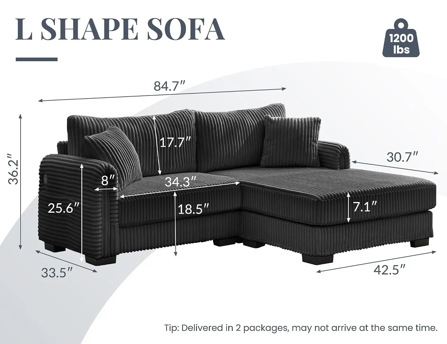 L-Shaped Corduroy Sofa Reversible Chaise USB Port Side Pocket Deep Seat for Living Room Apartment, Customized