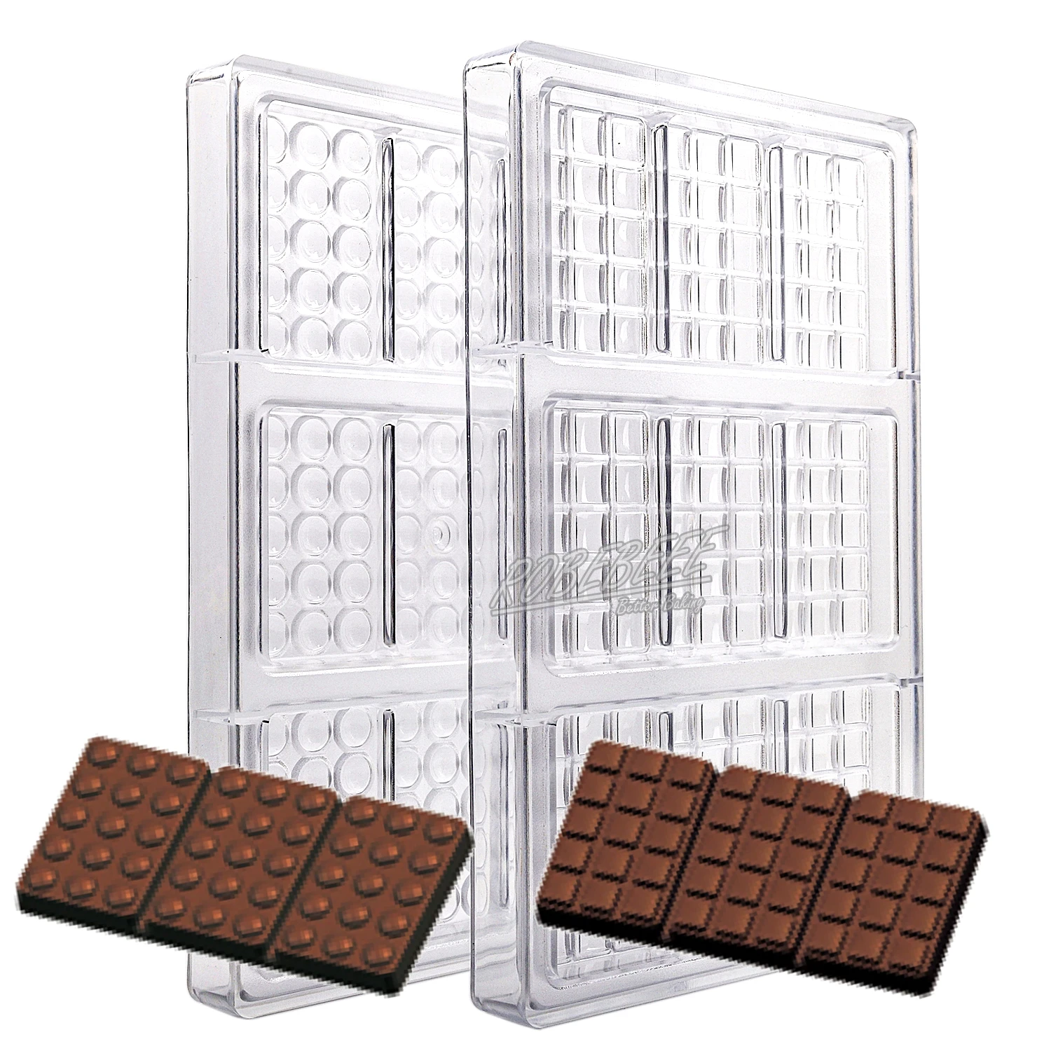 

3 Wells Rectangle Cube With Round Square Checks Pattern Polycarbonate Chocolate Mold Candy Ice Cube Molds For DIY Baking Tools