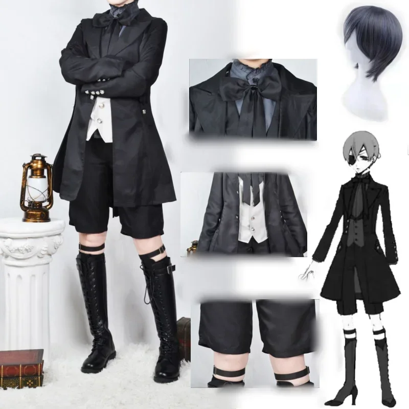 

SN66 Black Butler Ciel Phantomhive Cosplay Costume Japanese Anime Halloween Party Devil Uniform for Young Master Wig Eye MasW&C@