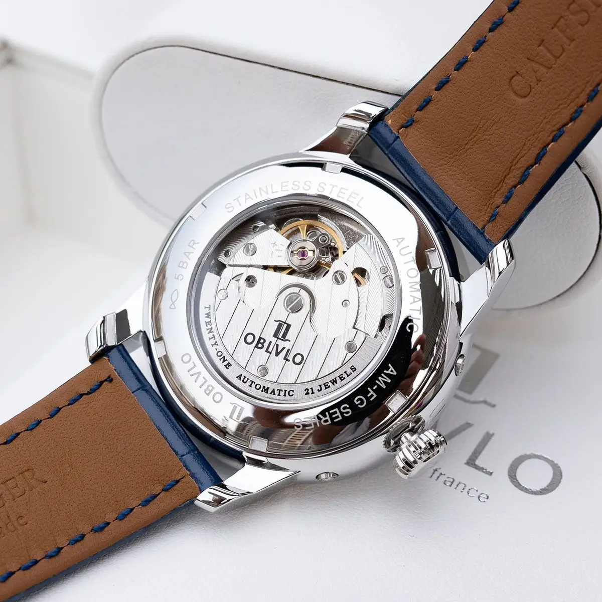 OBLVLO ساعة أوتوماتيكية للرجال 42 ملم ساعة يد ميكانيكية عتيقة 5ATM مضيئة متعددة الطلب شهر، أسبوع، تاريخ، 24 ساعة TY1653