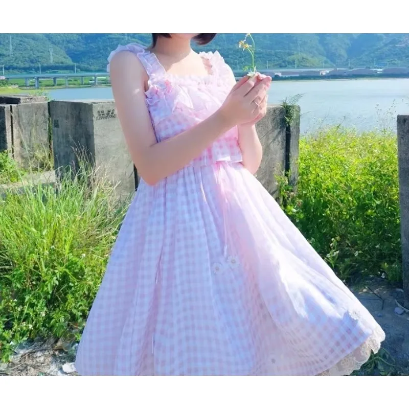 Women Sweet Lolita Dress Ruffles Floral Plaid Kawaii Y2K Party Dress