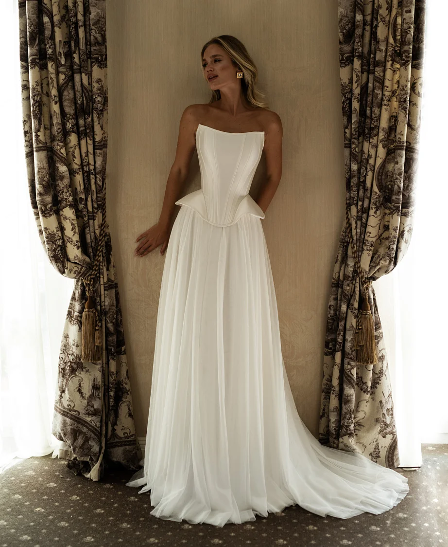 

Strapless Satin Tulle Wedding Dresses for Women Bride Long Formal Evening Gowns