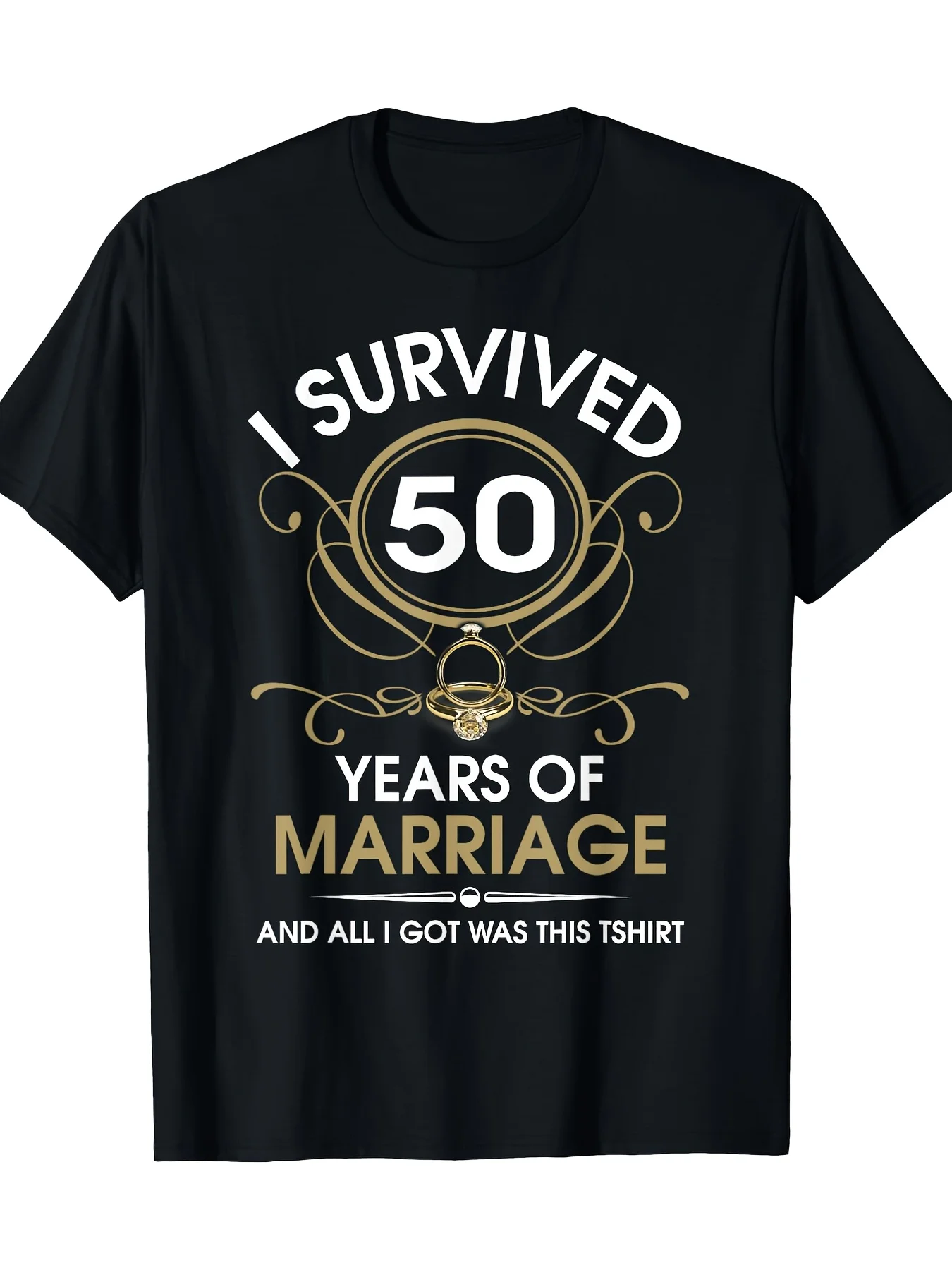 

Футболка «Я пережил 50 лет брак» на годовщину свадьбы — 200 г, футболка из 100% хлопка, подарок для друзей и пожилых людей